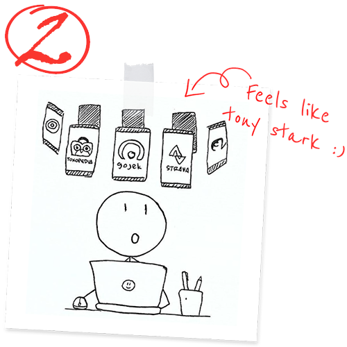 Stickman thinking about gojek, stava, tokopedia app with laptop on the table